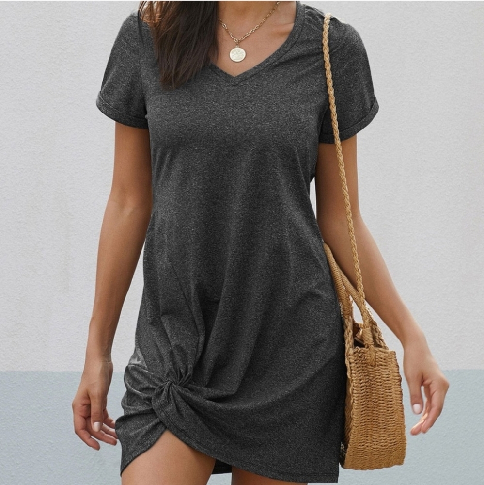 Women's Twist Front Short Sleeve V-Neck Gray T-Shirt Mini Dress Size Medium